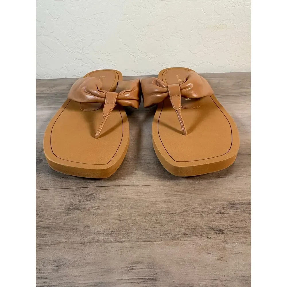 Stuart Weitzman‎ Goldie Knot Tan Leather Square Toe Thong Sandals Womens 10.5B